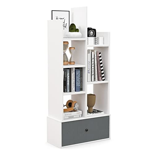 GOPLUS Bücherregal, Standregal mit Vliesschublade & Regalböden, Aufbewahrungregal für Wohnzimmer, Arbeitszimmer (Weiß, 53 x 24 x 118 cm (L x B x H)) von GOPLUS