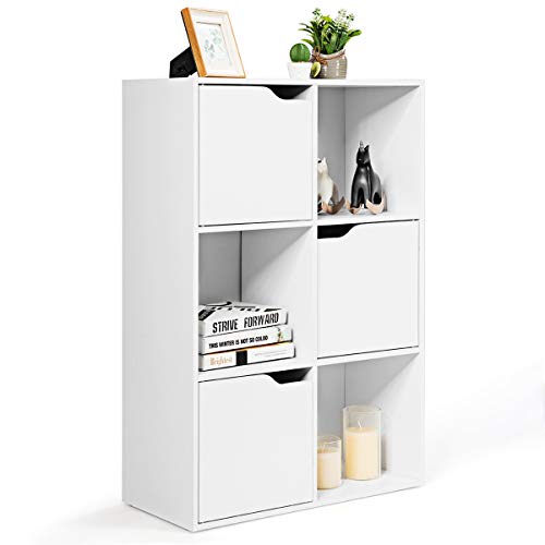 GOPLUS Bücherregal, Bücherschrank mit 6 Fächern, Holzregal mit 3 Türen, Modernes Aufbewahrungsregal mit Magnetverschuss, Lagerschrank für Wohnzimmer Kinderzimmer Büro, 60x29x90cm, Weiß von GOPLUS