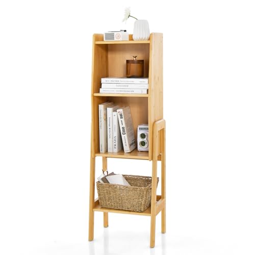 GOPLUS Bücherregal aus Bambus, Aufbewahrungsregal mit Ablagefächern, Standregal, Leiterregal klein für Wohnzimmer & Schlafzimmer, Natur (4 Ebenen) von GOPLUS