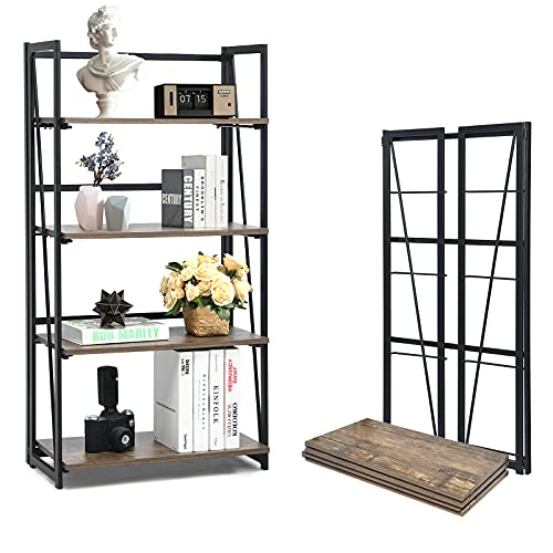 GOPLUS Bücherregal klappbar mit 4 Ebenen, Standregal mit Metallrahmen, Ausstellungsregal für Wohnzimmer, Büro, Industrie Design, 60 x 30 x 117 cm von GOPLUS