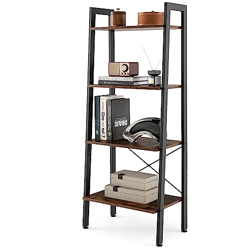 GOPLUS Bücherregal mit 4 Ebenen, Leiterregal mit Metallgestell, Standregal Aufbewahrungsregal Küchenregal für Büro, Wohnzimmer & Küche, 56 x 34 x 138 cm (Rustikales Braun) von GOPLUS