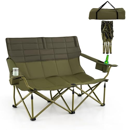 GOPLUS Campingstuhl für 2 Personen, Klappstuhl mit verstellbaren Armlehnen, Getränkehaltern & Tragetasche, bis 272 kg Belastbar, Campingsessel klappbar, für Outdoor Garten Balkon (Grün) von GOPLUS