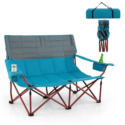 GOPLUS Campingstuhl für 2 Personen, Klappstuhl mit verstellbaren Armlehnen, Getränkehaltern & Tragetasche, bis 272 kg Belastbar, Campingsessel klappbar, für Outdoor Garten Balkon (Marineblau) von GOPLUS