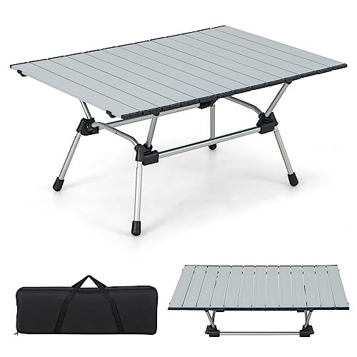 GOPLUS Campingtisch aus Aluminium, Klappbarer Picknicktisch mit Tragetasche, 4-stufig höhenverstellbar, Leichter aufrollbarer Strandtisch für Grillpartys Familienfeiern Camping (Silber) von GOPLUS