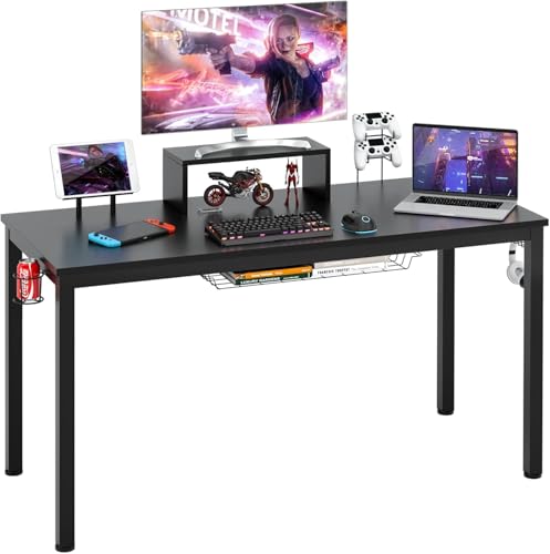 GOPLUS 140x60cm Computertisch ergonomisch mit Monitorregal, Schreibtisch mit Getränkehalter Kopfhörerhaken Spiel Griffständer Drahtkorb, Gamingtisch für Wohnzimmer Arbeitszimmer Schlafzimmer von GOPLUS