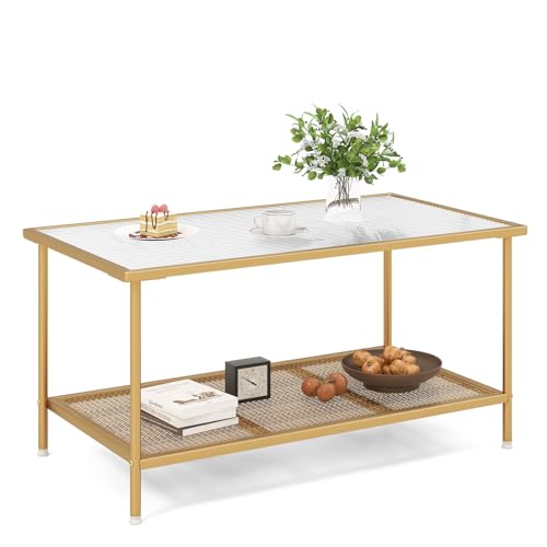 GOPLUS Couchtisch Glas, 2 Ebenen Kaffeetisch mit Glasplatte in Wellenform, Glastisch mit Metallgestell, Wohnzimmertisch, für Wohnzimmer &Büro, 90 × 50 × 46cm, Gold von GOPLUS