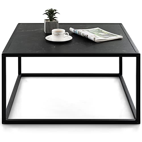 GOPLUS Couchtisch Marmor Optik, Wohnzimmertisch eckig mit Metallgestell, Beistelltisch Holz für Wohnzimmer, modernes Design, 70 cm x 70 cm x 40 cm (Schwarz) von GOPLUS