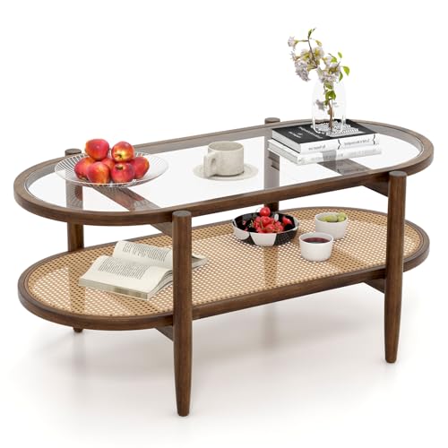 GOPLUS Couchtisch Natur, ovaler Kaffeetisch mit Glas-Tischplatte & Akazienholzrahmen, Beistelltisch Wohnzimmertisch für Büro & Zuhause, 102 × 56 × 47 cm von GOPLUS