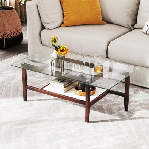 GOPLUS Couchtisch aus Glas, 2-stufiger Kaffeetisch mit Ablagefach & Massivholzbeinen, Wohnzimmertisch Sofatisch für Wohnzimmer, Zuhause & Büro, Transparent und Braun (107 x 60 x 42 cm) von GOPLUS