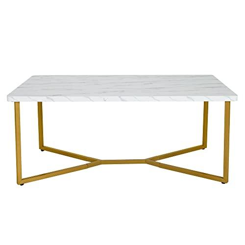 GOPLUS Couchtisch mit Kunstmarmorplatte, Beistelltisch mit Goldenem X-förmigem Metallsockel & Verstellbaren Fußpolstern, Moderner Sofatisch für Wohnzimmer, Büro & Lounge, 107×60×45,5cm, Weiß von GOPLUS