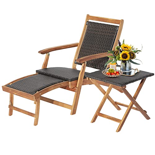 GOPLUS Deckchair mit Beistelltisch, Gartenstuhl aus Akazien Holz & Polyratten, klappbarer Liegestuhl mit Tisch für Garten, Balkon & Pool von GOPLUS