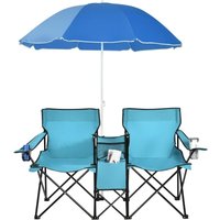 Doppelsitzer Campingstuhl, aus Oxford-Stoff & Stahl, mit Sonnenschirm & Tragetasche, Klappstuhl für Paare, mit Getränkehalter & Eisbeutel, Tragbarer von GOPLUS