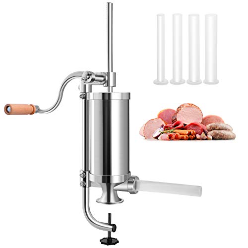 GOPLUS Wurstfüller aus Edelstahl, Wurstfüllmaschine Wurstmaschine Manuell, Wurstpress mit 4 verschiedene Füllrohre, Wurstspritze mit Befestigungsclip, Einfache Bedienung & leicht zu reinigen (1,5L) von GOPLUS