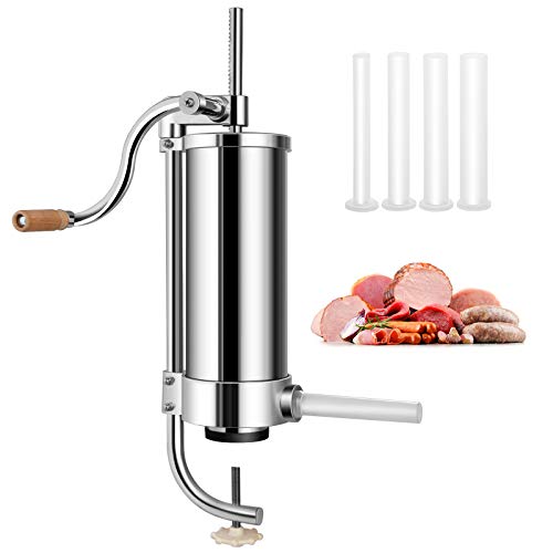 GOPLUS Wurstfüller aus Edelstahl, Wurstfüllmaschine Wurstmaschine Manuell, Wurstpress mit 4 verschiedene Füllrohre, Wurstspritze mit Befestigungsclip, Einfache Bedienung & leicht zu reinigen (3 KG) von GOPLUS