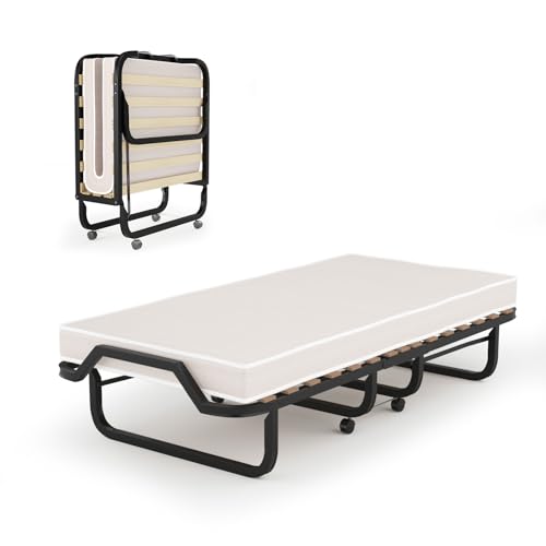 GOPLUS Gästebett 80×200cm, Klappbett mit Metallgestell & Memoryschaum-Matratze, Einzelbett mit 4 Universalrädern für Büro, Schlafzimmer & Wohnzimmer (Beige, 80×200 cm) von GOPLUS