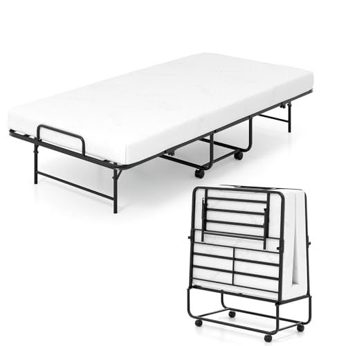 GOPLUS Gästebett klappbar 90×190cm, Klappbett mit Matratze aus Schaumstoff, Metallrahmen, Universalrollen, Einzelbett klappbar für Gästezimmer, Büro & Wohnzimmer von GOPLUS