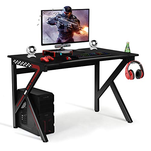 GOPLUS Gaming-Schreibtisch, Computer-Schreibtisch mit Getränkehalter & Kopfhörerhaken, Ergonomischer Gaming-Schreibtisch, K-förmige Konstruktion, Schreibtisch, PC-Tisch für Zuhause & Büro von GOPLUS