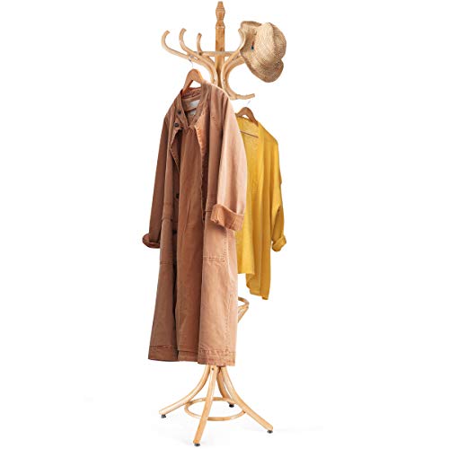 GOPLUS Garderobenständer, Garderobe aus Holz, Kleiderständer mit Schirmständer, Garderobe-Aufhänger mit 12 Kleiderhaken, Farbewahl, 184cm (Natur) von GOPLUS