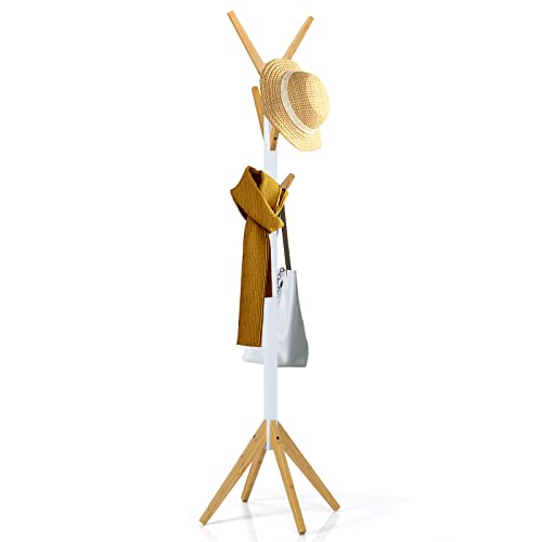 GOPLUS Garderobenständer aus Bambus, freistehender Keiderständer mit 6 Haken, dreieckige Basis, Garderobe für Kleidung, Hüte,Taschen von GOPLUS