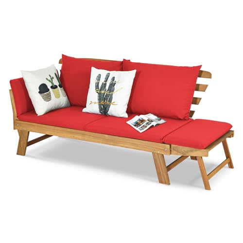 GOPLUS Gartenbank Holz, Gartensofa mit Liegefunktion, 2-3 Sitzer Holzbank mit klappbaren Seitenlehnen, inkl. Auflage, Balkonbank, Sitzbank Outdoor für Garten, Terrasse, Balkon, 157 x 75 x 75cm (Rot) von GOPLUS