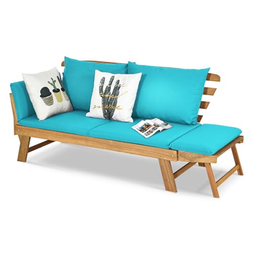 GOPLUS Gartenbank Holz, Gartensofa mit Liegefunktion, 2-3 Sitzer Holzbank mit klappbaren Seitenlehnen, inkl. Auflage, Balkonbank, Sitzbank Outdoor für Garten, Terrasse, Balkon, 157 x 75 x 75cm (Blau) von GOPLUS