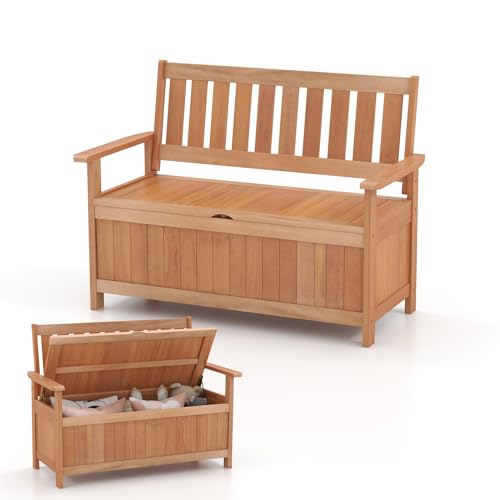 GOPLUS Gartenbank mit Stauraum für bis zu 40 kg, Sitzbank aus Holz, Truhenbank mit Armlehne, bis 160kg belastbar, Holzbank Garten, Parkbank für Terrasse, Garten, 120 x 66 x 91 cm von GOPLUS