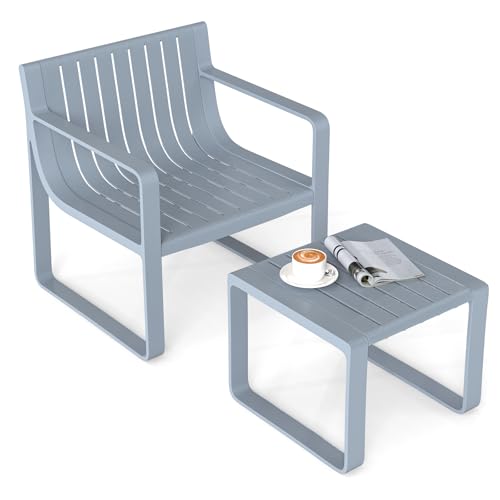 GOPLUS Gartenmöbel Set 2 teilig, Gartenstuhl ergonomisch & Beistelltisch Outdoor wetterfest aus PP, Balkonset Balkonmöbel Kleiner Balkon, Lamellen Design für Terrasse Garten Hof Pool von GOPLUS