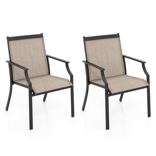 GOPLUS Gartenstühle 2er Set, Balkonstühle mit Armlehnen & Rückenlehne, Terrassenstühle wetterfest bis zu 150 kg belastbar, Metallrahmen, Outdoor Stuhl für Garten Balkon Terrasse (Braun) von GOPLUS