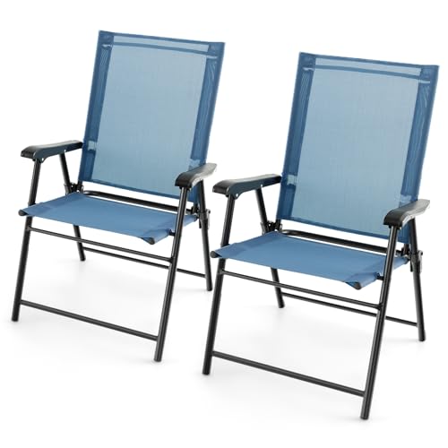GOPLUS Gartenstuhl klappbar 2er Set, Balkonstuhl aus Metall bis zu 150kg, Klappstuhl tragbar mit Rückenlehne & Fußstütze, Essstuhl Terassenstuhl wetterfest für Outdoor Garten Balkon (Blau) von GOPLUS