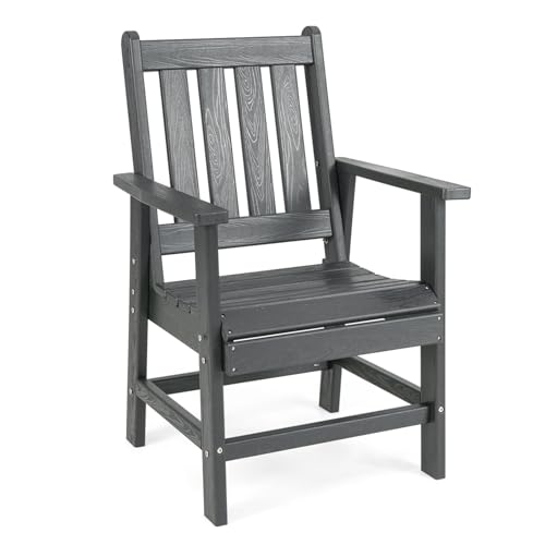 GOPLUS Gartentuhl, Gartensessel aus HDPE mit Holzoptik & Lamellendesign, Balkonstuhl mit Armlehnen und geneigter Rückenlehne für Balkon, Terrasse, Esszimmer (Grau) von GOPLUS