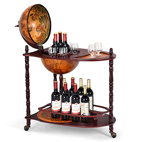 GOPLUS Globusbar Weltkugel Weinregal, Standglobus Bar auf Rollen, Flaschenregal RollbarItalienische Ästhetik, Hausbar Cocktailbar Dekobar Tischbar mit Massivholz, Barwagen für Zuhause/Bars/Restaurants von GOPLUS