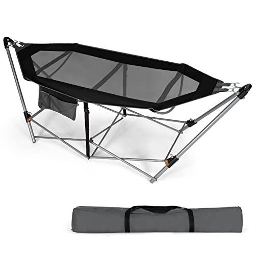 GOPLUS Hängematte mit klappbarem Gestell, Hängemattengestell aus Metall bis 150kg Belastbar, tragbar mit Seitentasche & Tragetasche für Indoor & Outdoor, Camping Terrasse Garten Balkon(Schwarz) von GOPLUS