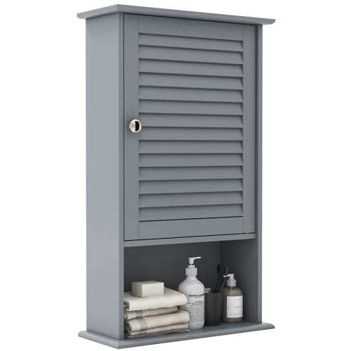 GOPLUS Hängeschrank weiß, Badezimmerschrank mit verstellbarem Fächer & Ablage, Badschrank, Küchenschrank hängend, Wandschrank, 42 x 17 x 70 cm (Grau) von GOPLUS