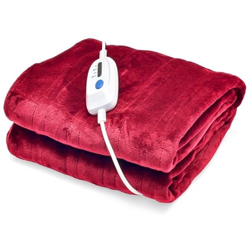 GOPLUS Heizdecke mit Abschaltautomatik, Bettdecke Wärmedecke mit 4 Temperaturstufen, 8-Stunden-Timer, Waschbare Kuscheldecke mit Überhitzungsschutz (Rot, 200×150cm) von GOPLUS