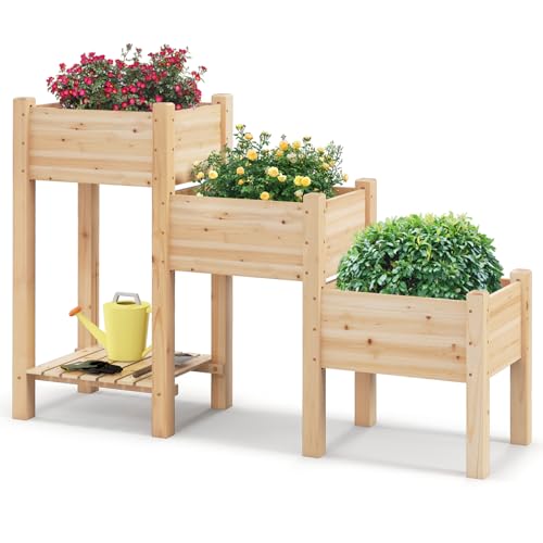 GOPLUS Hochbeet 3 Etagen, Gartenbeet mit Ablage & 6 Abflusslöchern, Kräuterbeet Pflanzbeet für Balkon, Garten & Terrasse, 161 x 43 x 104 cm, Natur von GOPLUS