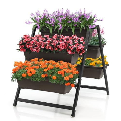 GOPLUS Hochbeet 3 Etagen, Vertikales Blumenbeet mit 5 abnehmbaren Pflanzkästen & Ablauflöchern, Pflanzbeet Blumentreppe für Gartem & Terrase, 65 x 92 x 79 cm von GOPLUS