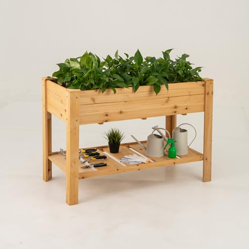 GOPLUS Hochbeet mit Ablage, Gartenbeet aus Tannenholz, Pflanzkasten mit Abflusslöchern, Kräuterbeet Pflanzbeet für Garten & Terrasse, 120,5 x 60,5 x 81,5 cm (mit Ablage,Natur) von GOPLUS