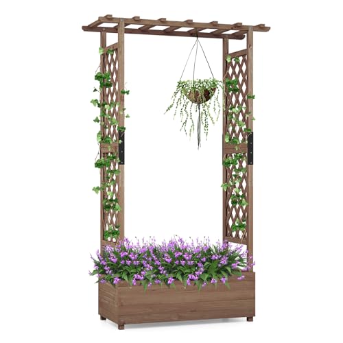 GOPLUS Hochbeet mit Rankgitter, Blumenkasten mit hängendem Dach & Ablauflöchern, Pflanzkasten Rankhilfe Pflanzkübel für Garten, Terrasse, Hof (110 x 44 x 182 cm,Braun) von GOPLUS