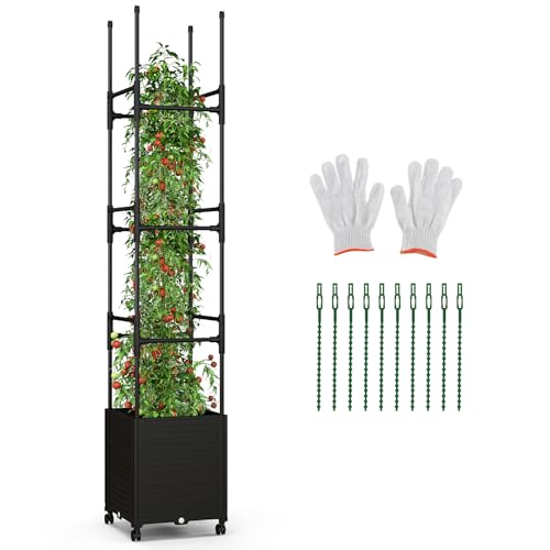 GOPLUS Hochbeet mit Rankgitter, erhöhter Pflanzgefäß mit 3 Höhen & Selbstbewässerung, Blumenkübel mit Rollen, Blumenkasten Pflanzkasten Rankhilfe Pflanzenturm für Kletterpflanzen von GOPLUS