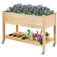 Hochbeet mit Rollen, Gartenbeet mit Ablage & Abflusslöcher, Pflanzbeet aus Tannenholz für Garten & Terrasse, Natur, 120 x 59 x 84 cm - Goplus von GOPLUS