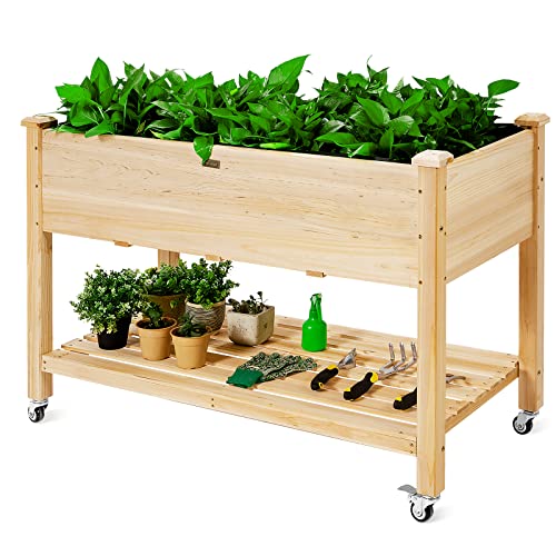 GOPLUS Hochbeet mit Rollen, Gartenbeet mit Ablage & Abflusslöcher, Pflanzbeet aus Tannenholz für Garten & Terrasse, Natur (mit Rollen, 120x59x84 cm) von GOPLUS