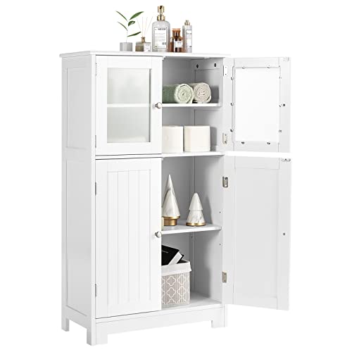 GOPLUS Hochschrank, Küchenschrank mit 4 Türen(inkl. 2 Glastüren), Aufbewahrungsschrank mit 3 Ebenen, Geschirrschrank für Küche, Esszimmer, Bücherschrank aus Holz weiß von GOPLUS