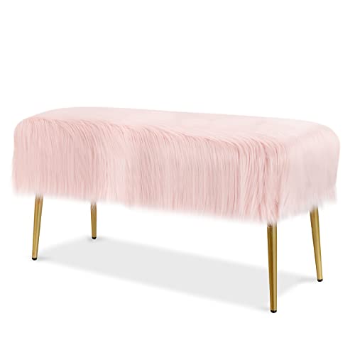 GOPLUS Hocker aus Kunstfell, Fellhocker Pelzhocker, Eisenfüße, rutschfeste Matte, Schwammgefüllte Sitze, Beine in Gold Finish, Kosmetischer Stuhl für Wohnung (Rosa, 90,5 x 36 x 45,5 cm) von GOPLUS