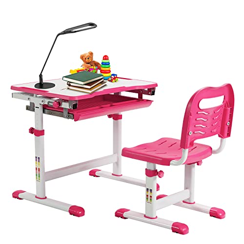 GOPLUS Höhenverstellbarer Kinderschreibtisch, Schülerschreibtisch mit Stuhl, Höhenverstellbare & Neigbare Tischplatte, Ergonomische Gestaltung, mit Schublade, ab 4 Jahren (Rosa) von GOPLUS