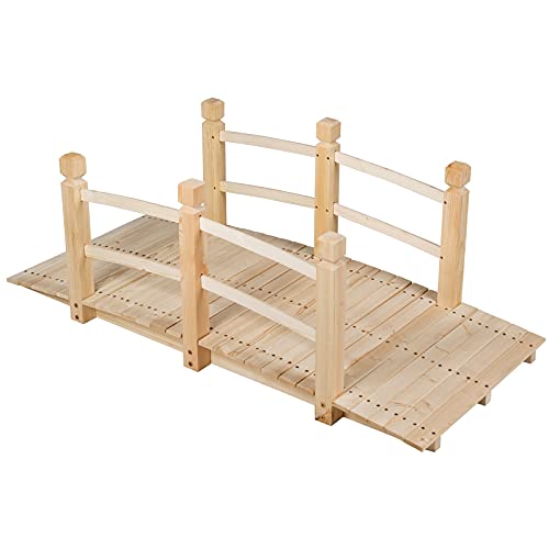 GOPLUS Holzbrücke aus Tannenholz, Gartenbrücke bis 100 kg, Teichbrücke Braun, Zierbrücke mit Geländer, 150x67x55cm (Natur) von GOPLUS