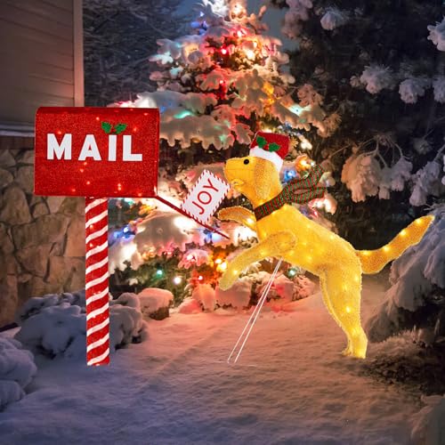 GOPLUS Hund Weihnachtsfiguren, Weihnachtsdeko beleuchtet mit Briefkasten, Weihnachtsdekoration mit 120 warmweißen LED-Leuchten, Weihnachtsbriefkasten mit Dackel, Weihnachtsbeleuchtung für Innen, Außen von GOPLUS
