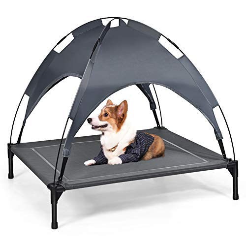 GOPLUS Hundeliege mit Dach, Erhöhtes Hundebett, Haustierbett mit Eisenrahmen, Wasserdichtes Hundesofa, Katzenbett mit Sonnensegel, rutschfeste Fußpolster, für Indoor & Outdoor (90x81x86cm) von GOPLUS