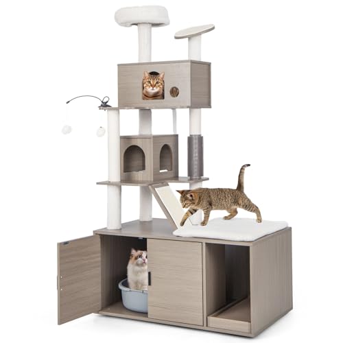 GOPLUS Katzenbaum mit Katzenschrank, All-in-One Kratzbaum mit Höhle, Kratzstämmen, Sisal-Kratzmatten, baumelnden Bällen, Fellpfleger, Moderne Katzenmöbel für Wohnungskatzen (95 x 55,5 x 173 cm) von GOPLUS