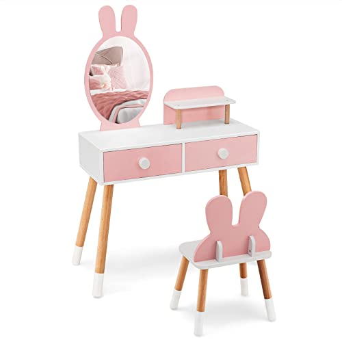 GOPLUS Kinder Schminktisch Set mit Spiegel, 2-in-1 Frisiertisch mit Hasenohr förmigem Hocker und Spiegel, Doppelschubladen Regal, Massivholz Kosmetik Set für Kinderzimmer (Rosa) von GOPLUS