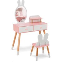GOPLUS Kinder Schminktisch Set mit Spiegel, 2-in-1 Frisiertisch mit Hasenohr förmigem Hocker und Spiegel, Doppelschubladen Regal, Massivholz Kosmetik von GOPLUS